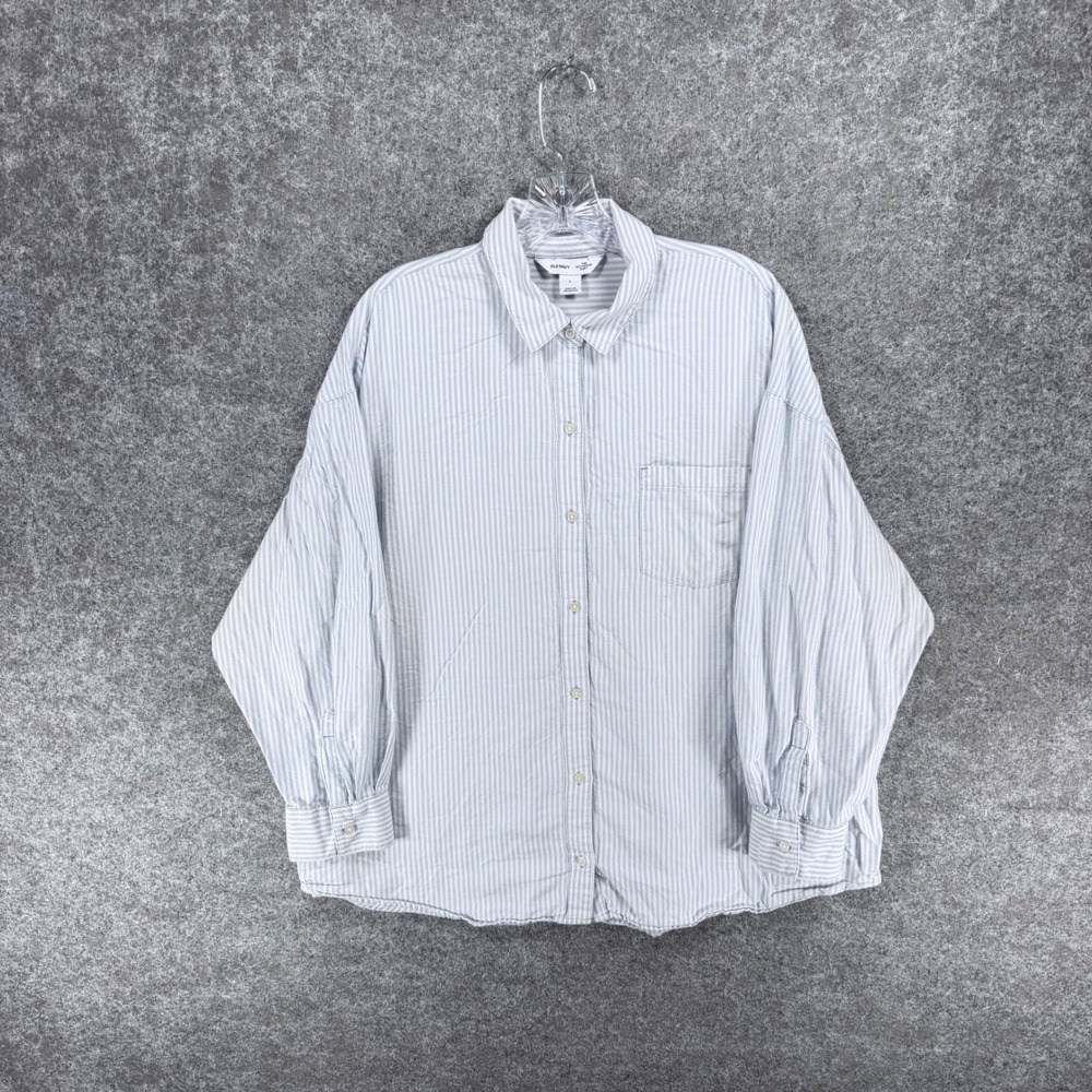Old Navy Women's L Blue White Stripe Boyfriend Shirt Oversized Cotton Button Up
